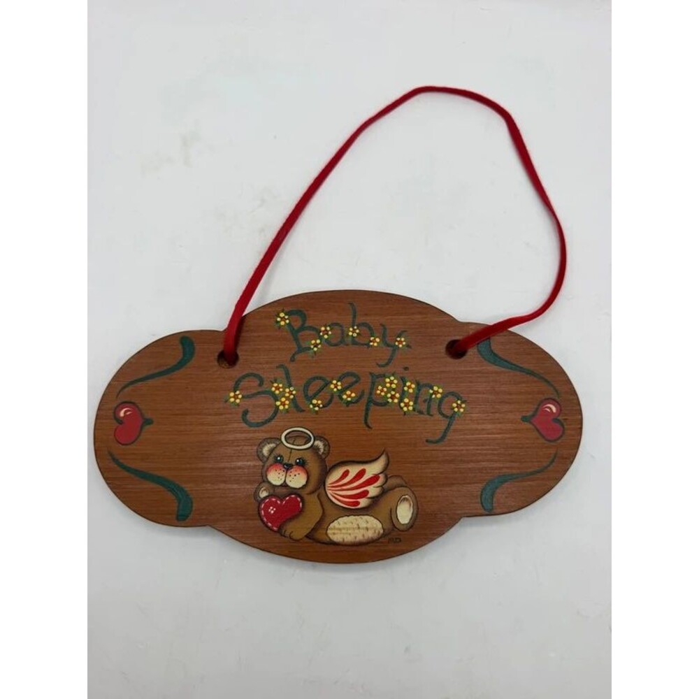 Vintage wooden baby sleeping angel bear pain hanging sign